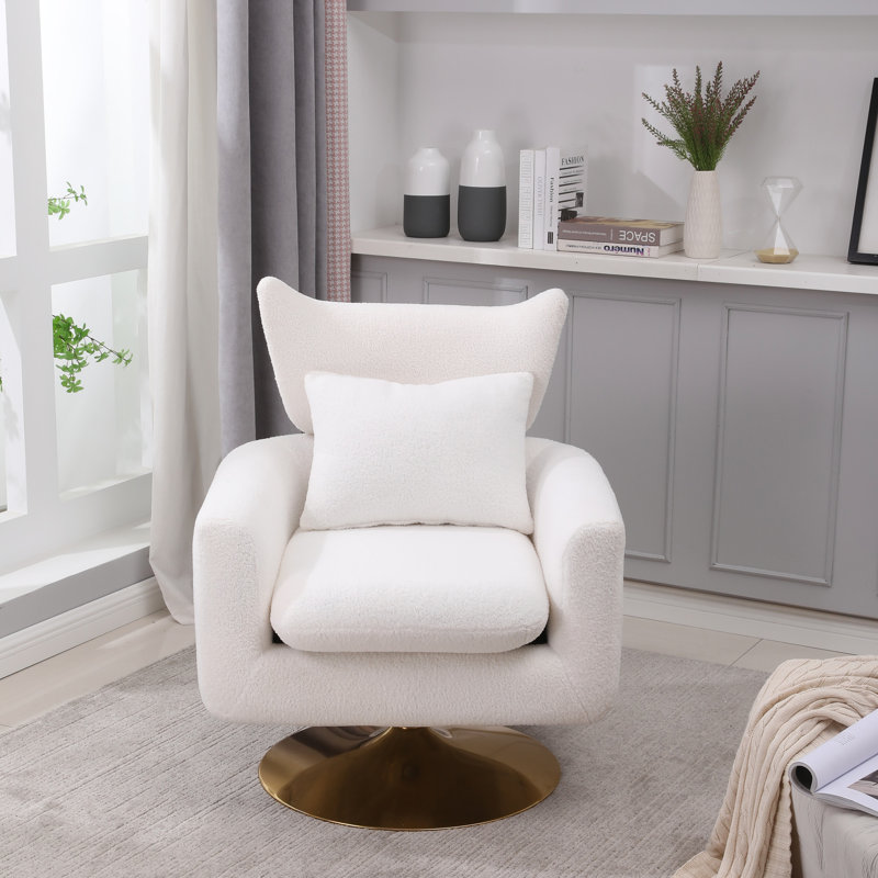 360-Degree Swivel Accent Chair with a Pillow, White Linen