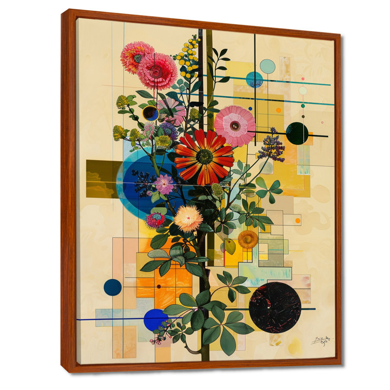 Rétro collage floral rétro géométrique - art mural floral moderne, Toile avec cadre flottant brun