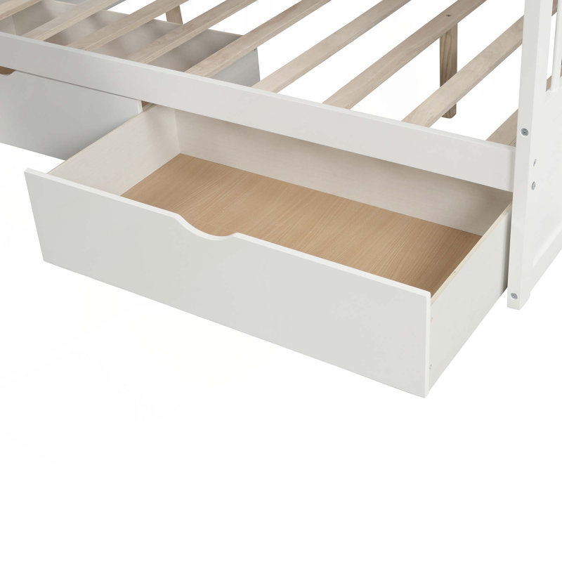 Lit simple superposé au dessus d'un lit double avec tiroirs, rangement et glissade, White