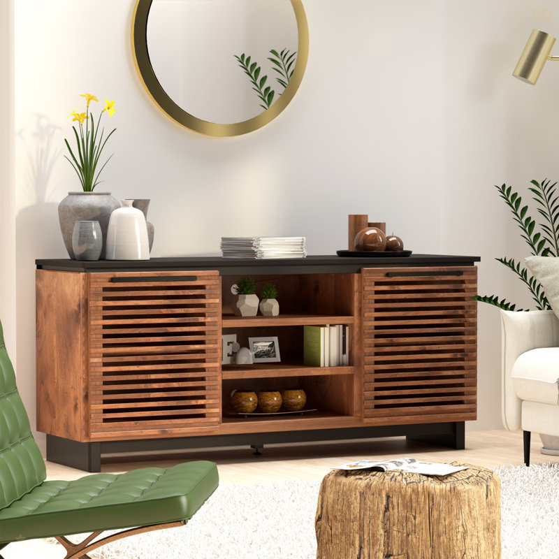 Meuble télé 63 po pour téléviseur de 70 po ou moins, sans assemblage requis, noir avec finition bourbon