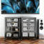 Armoire de rangement multimédia haute 35,8 po avec roulettes, meuble télé stéréo AV avec 4 tablettes et porte réglables en verre, structure en acier robuste pour le salon, assemblage facile
