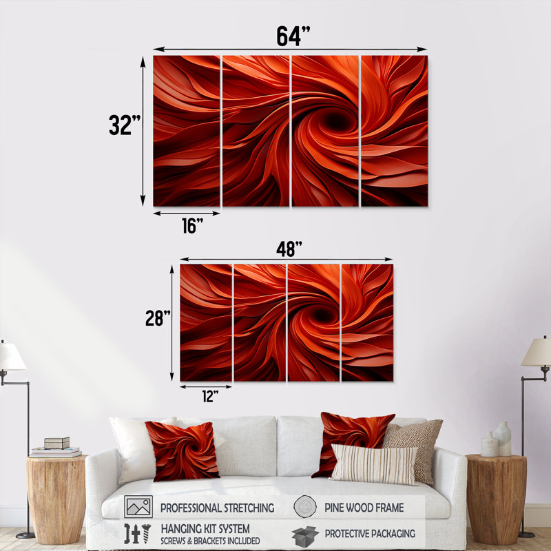 «Red Abstract Spiral Dreamscape I - Abstract Spirals», art mural 4 pièces, H 28 po x l 48 po