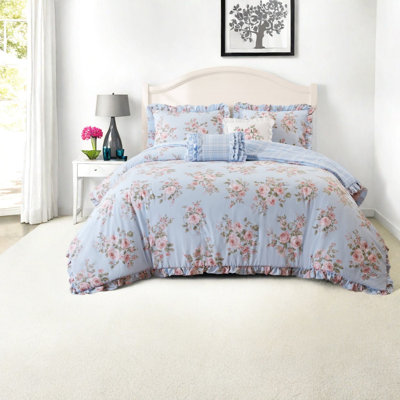 Piece King Bedding Sets, Blue Floral Microfiber, Cottage Style