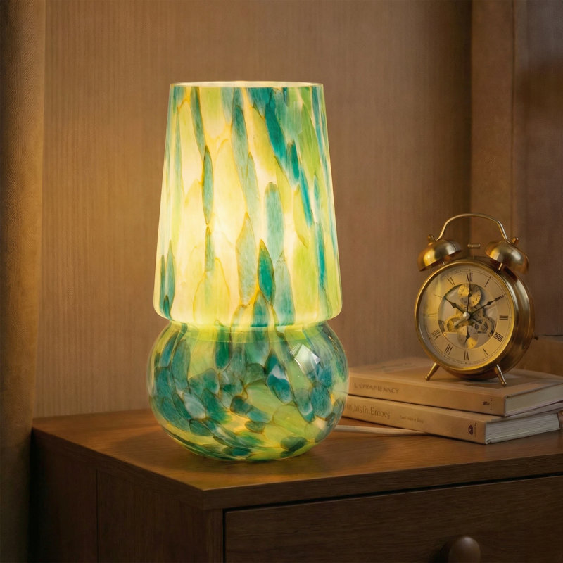 Multicolor Confetti Murano-Style Glass Mushroom Table Lamp with Dimmer Switch, Emerald Teal