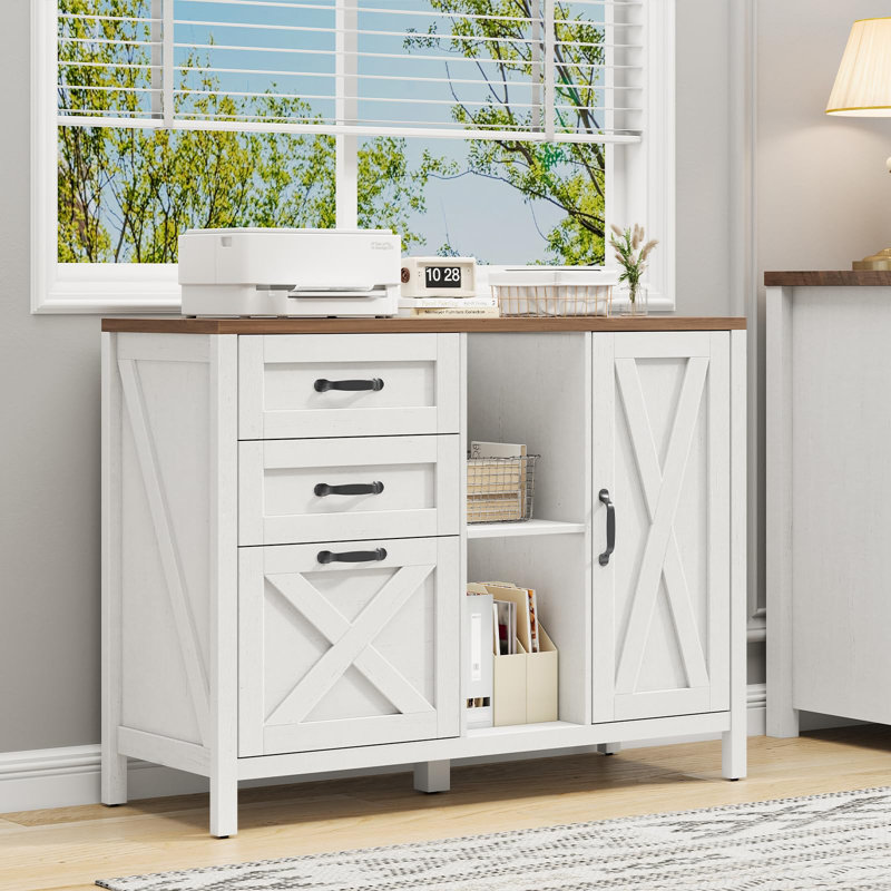 Lateral File Cabinet With 3 Drawers And Door, White/Brown