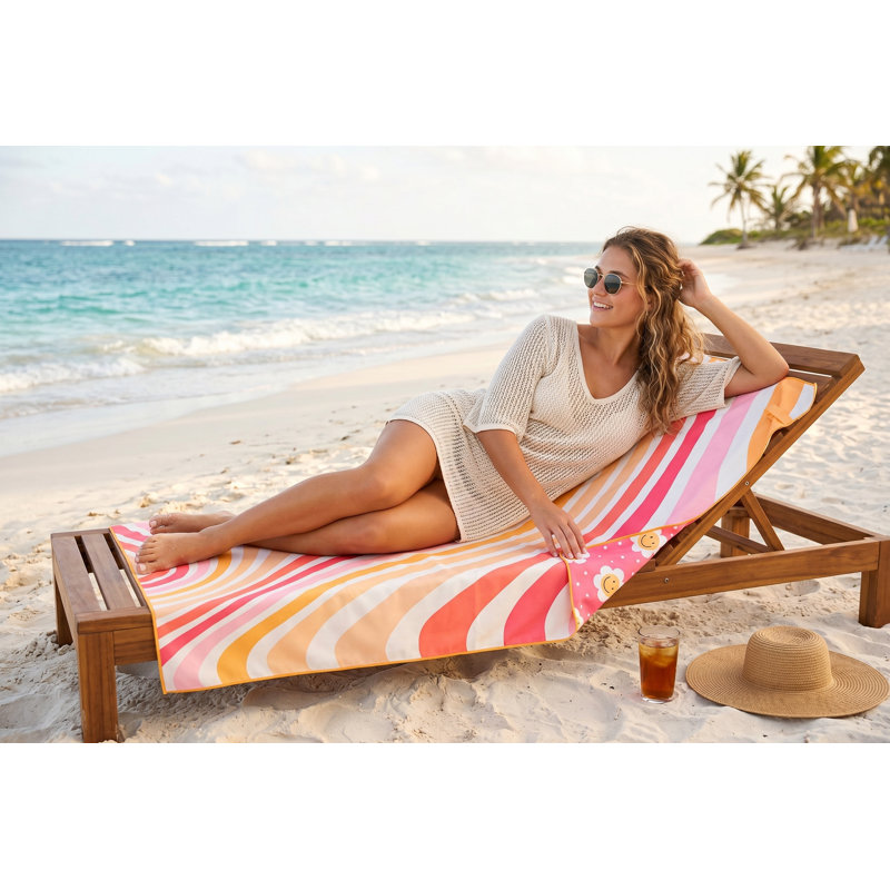 Serviette de plage réversible en microfibre, serviette de piscine sans sable à séchage rapide, 28 x 58 po, imprimé rétro Smiley Daisy et rayures Groovy pour le voyage