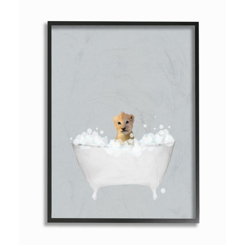 «Lion Blue Bath» par Leah Straatsma - reproduction d'art, H 14 po x l 11 po, Giclée encadrée noir minuit