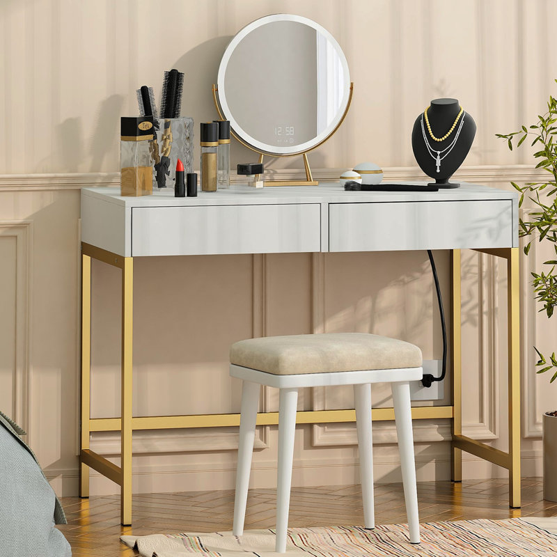 Bureau de charge 40 po avec 2 prises et 2 ports USB - Bureau d'ordinateur / meuble-lavabo à 2 tiroirs pour bureau ou chambre à coucher