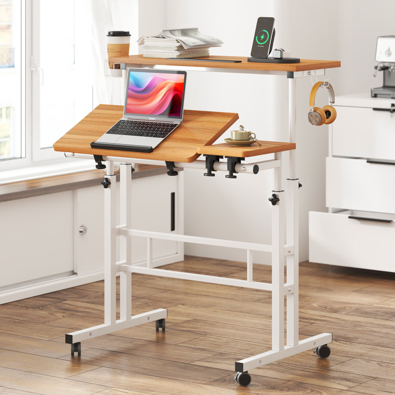 Lewyn Adjustable Metal Base Standing Desk, Oak/White