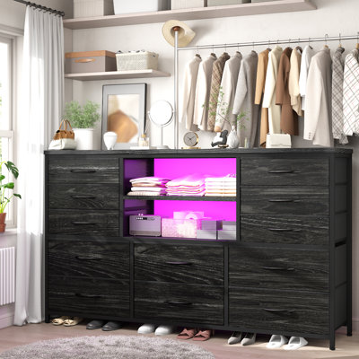 Commode 12 tiroirs avec lumières et prises à DEL - Meuble télé à cadre en métal pour écrans de 60 po, utilisation polyvalente