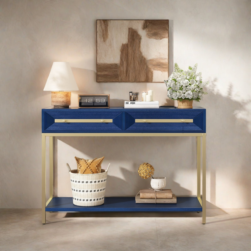 Entryway Table, Console Table With Two Drawers, Retro Hallway Table With Striking Geometric Design For Entryway And Living Room