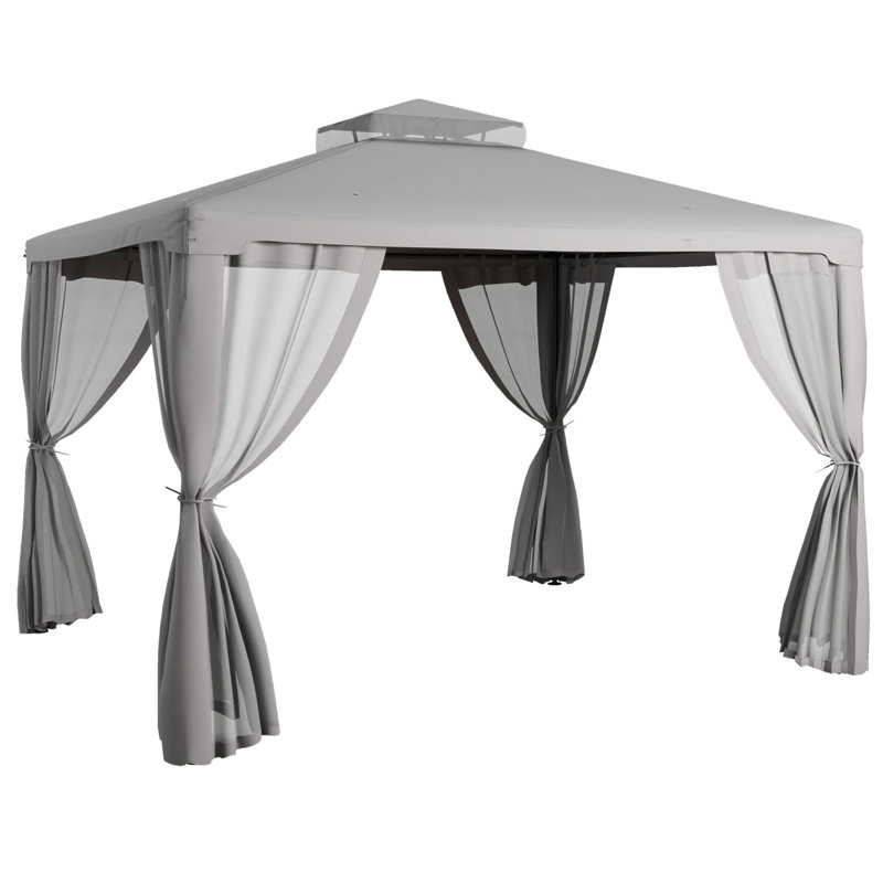 Patio Gazebo, Outdoor Canopy Shelter With 2-Tier Roof And Netting, Steel Frame For Garden, Lawn, Backyard, And Deck, Gray