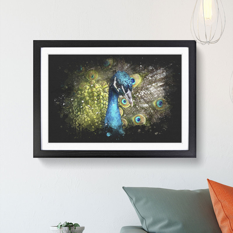 Dazzling Peacock Bird Paint Splash - Framed Print, 24cm H x 33cm W x 2cm D, Black Framed