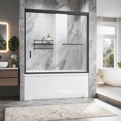 Porte de baignoire coulissante semi-encadrée en verre noir mat de 56 à 60 pouces avec verre trempé transparent épais certifié et poignées en acier inoxydable 304