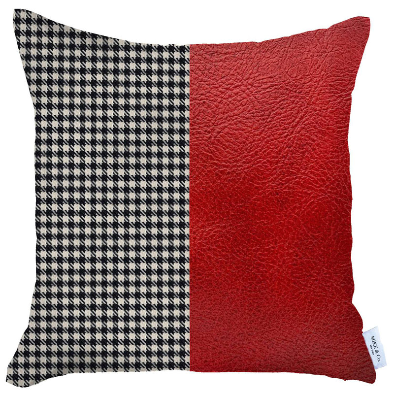 Houndstooth Divided Red Faux Leather Square Throw Pillow