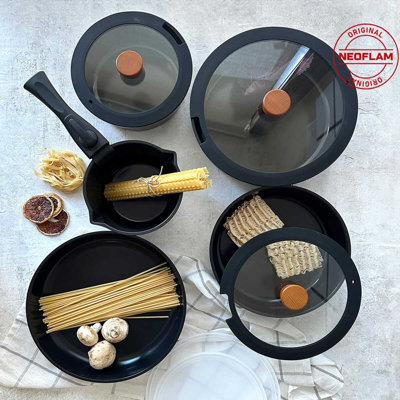 Premium 11-Piece Pot Set, Black Aluminum | Includes 1 Sauce Pot (6.3 in), 3 Non-Induction Pots (7.9 in, 9.4 in), 2 Induction Pots (11 in, 11 in) & 3 Glass Lids | Lightweight, Durable, Easy to Handwash, Versatile Cooking Solution