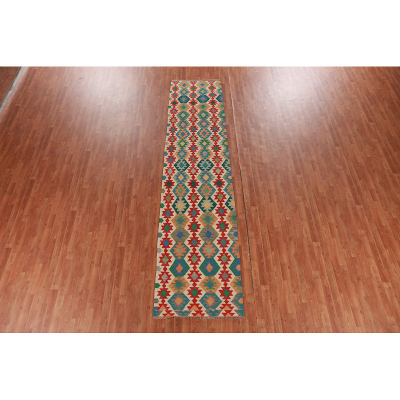 Tapis de couloir oriental géométrique en laine Kilim 3 x 13