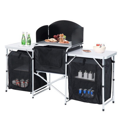 Foldable Camping Kitchen: Aluminum Table With Windscreen And 3 Cupboards. Suited For Bbq, Party, Picnic, Backyard. Spacious Compartments, Build Kitchen Rack Shelving: For Picnics, Parties, Gardens. ,