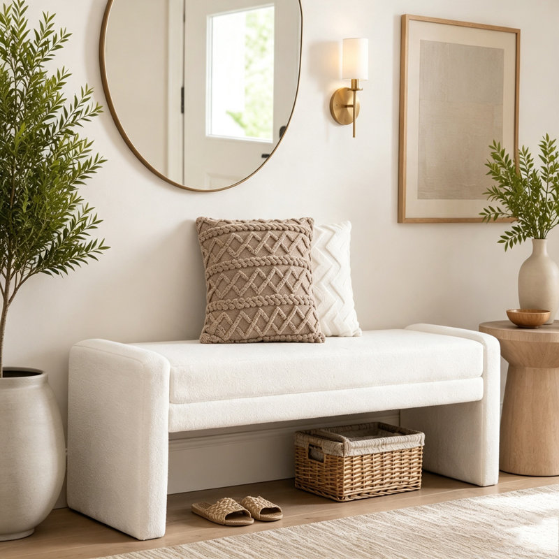 Banc rembourré 66,9 po moderne avec accoudoirs surdimensionnés pour lit d'entrée, Ivory