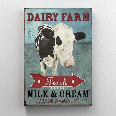 Cow On Blue Background - Dairy Farm Fresh Milk And Cream - 1 Piece Rectangle Graphic Art Print On Wrapped Canvas -  Trinx, CF92DA8DB3DB44C0AA1ECD065ED1E251