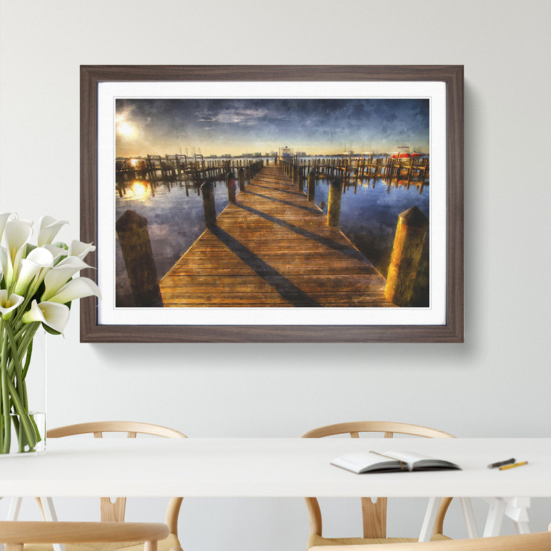 Jetty over the Lake - Picture Frame Painting, 36cm H x 48cm W x 2cm D, Walnut
