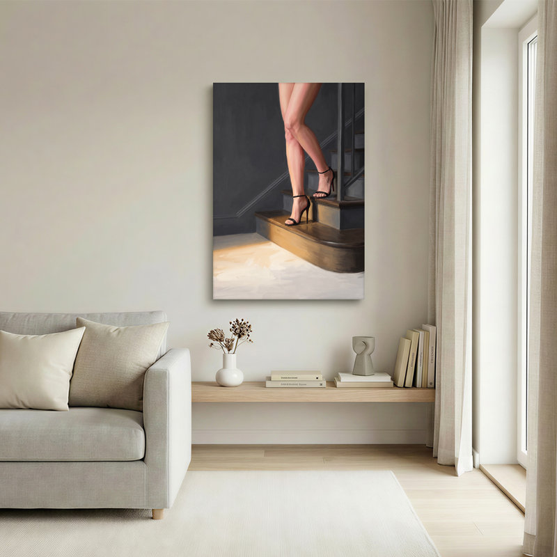 Jambes de femmes en talons hauts noirs sur un escalier en bois - Tableau sur toile, 24"H x 18"W