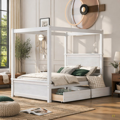 Wood Canopy Bed With Two Drawers, Full Size Canopy Platform Bed With Support Slats .No Box Spring Needed, Brushed White