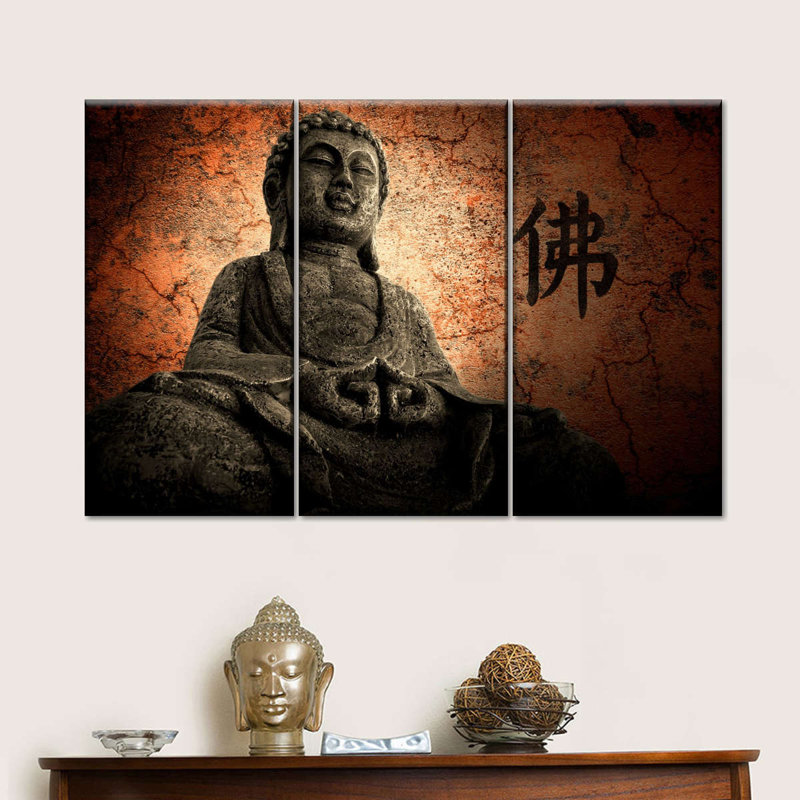 Bouddha grunge sur toile, ensemble de 3 pièces, H 42 po x l 65 po x P 1,25 po