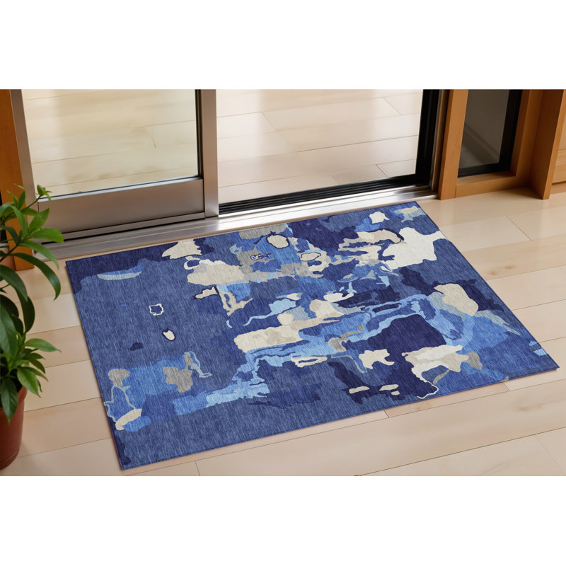 3' X 5' Navy Blue Ivory And Gray Abstract Washable Indoor Outdoor Area Rug
