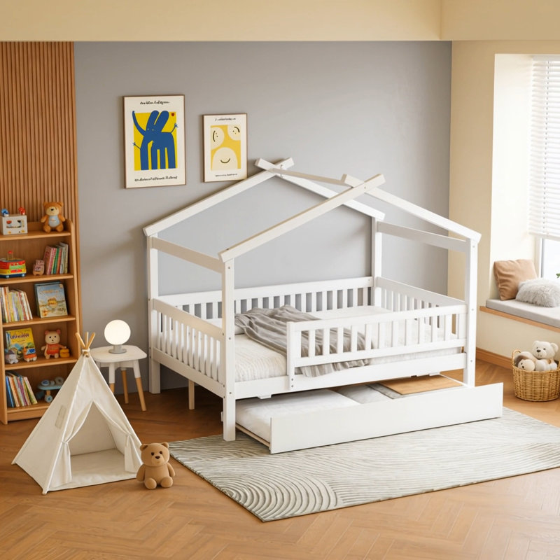 Full Size Wooden House Bed With Trundle, Full, White