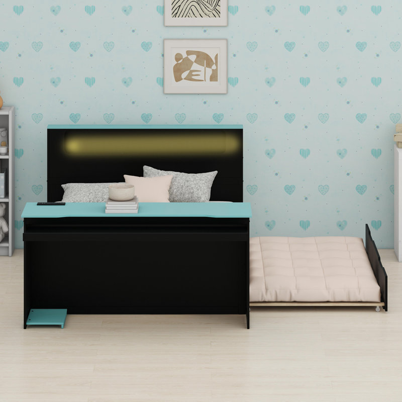 Lit de jour Smart Kids avec lit gigogne escamotable, espace de travail, lampe à DEL et connectivité USB, Noir / Bleu
