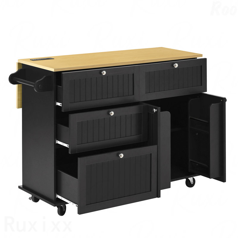 Kitchen Island With Drop Leaf And 2 Seatings, Kitchen Table Set With Storage Cabinet, Drawers, Door Shelves And Power Outlet