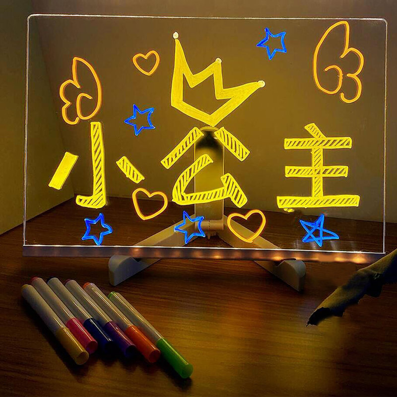 LED Note Board with 7 Pens Cleaning Cloth Glowing Acrylic Letter Dry-Erase Board with Bracket Reusable Multifunctional Glow Memo Message Board
