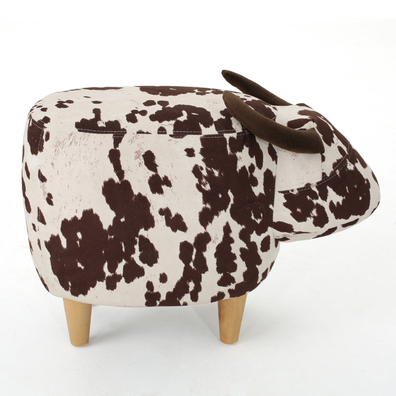 Massy Cow Kids Ottoman 25 Inches, Black, White Velvet, Light Brown Horn, White/Brown