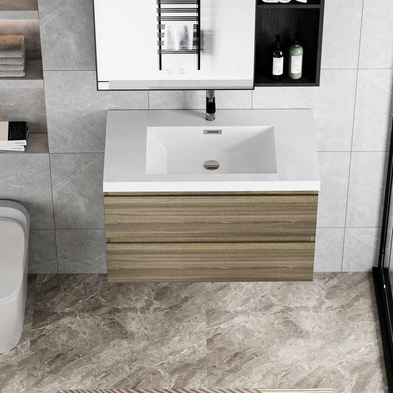 Meuble-lavabo de salle de bain 36 po, unité élégante. Lavabo en résine, tiroirs à fermeture en douceur. Gris cendré. Flottant 24 V11-36Ag avec lavabo, rangement mural attrayant. Propreté.