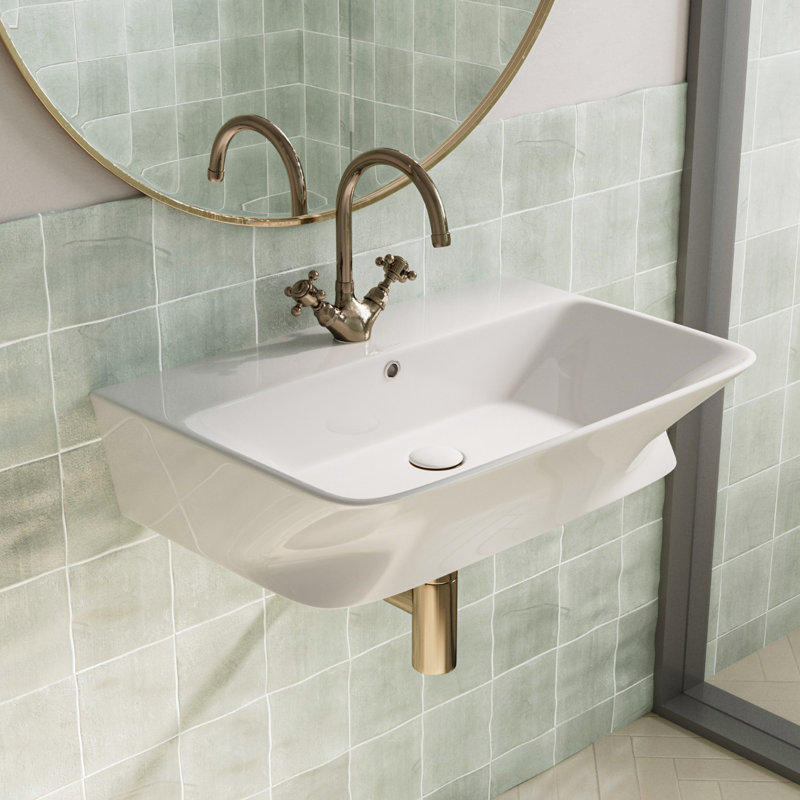 Los Flexi Rectangular Ceramic Wall Mount Sink with Overflow and Centerset Faucet Holes, White, Single (1 Hole)