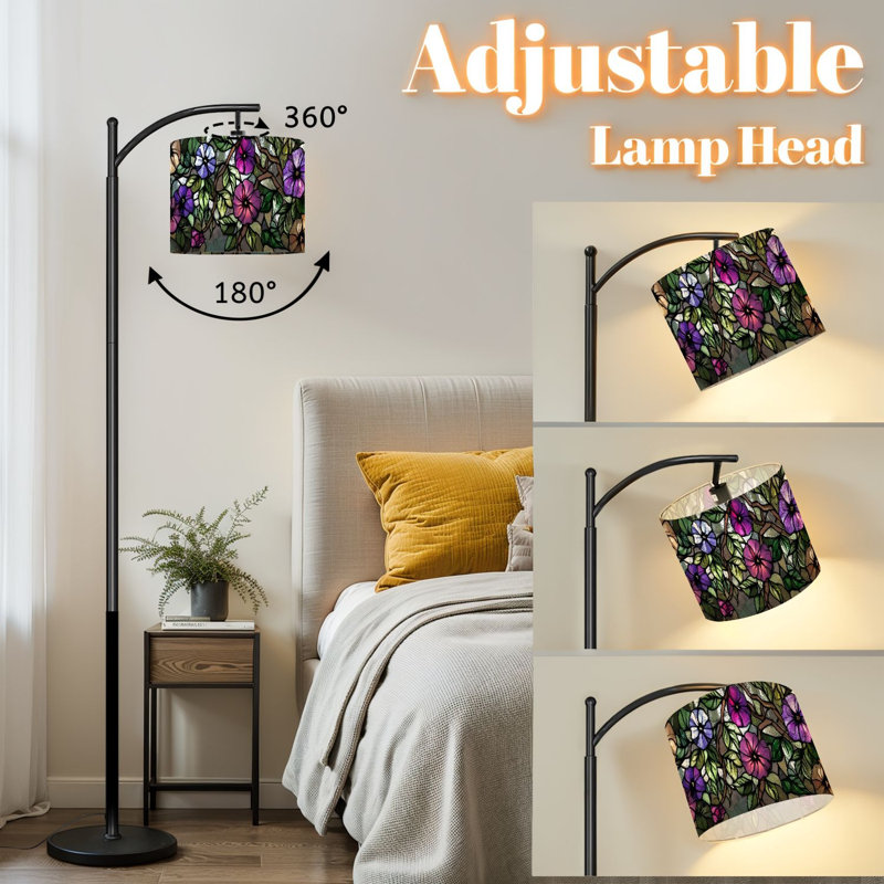 Lampe sur pied à arc avec abat-jour ajustable Panneau de vigne floral mauve Lampe sur pied à 3 températures de couleur à intensité variable avec interrupteur au pied pour chambre