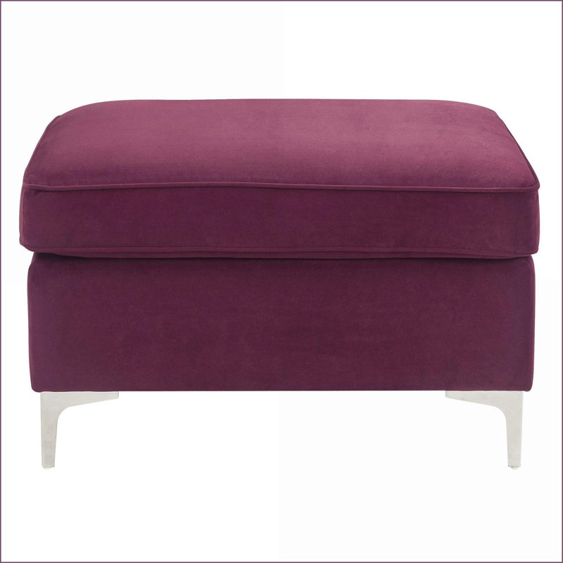 Ottoman, Burgundy Red Rectangle for Living Room with 2 Faux Fur Pillows | Brushed Silver Metal Legs, Purple Fabric