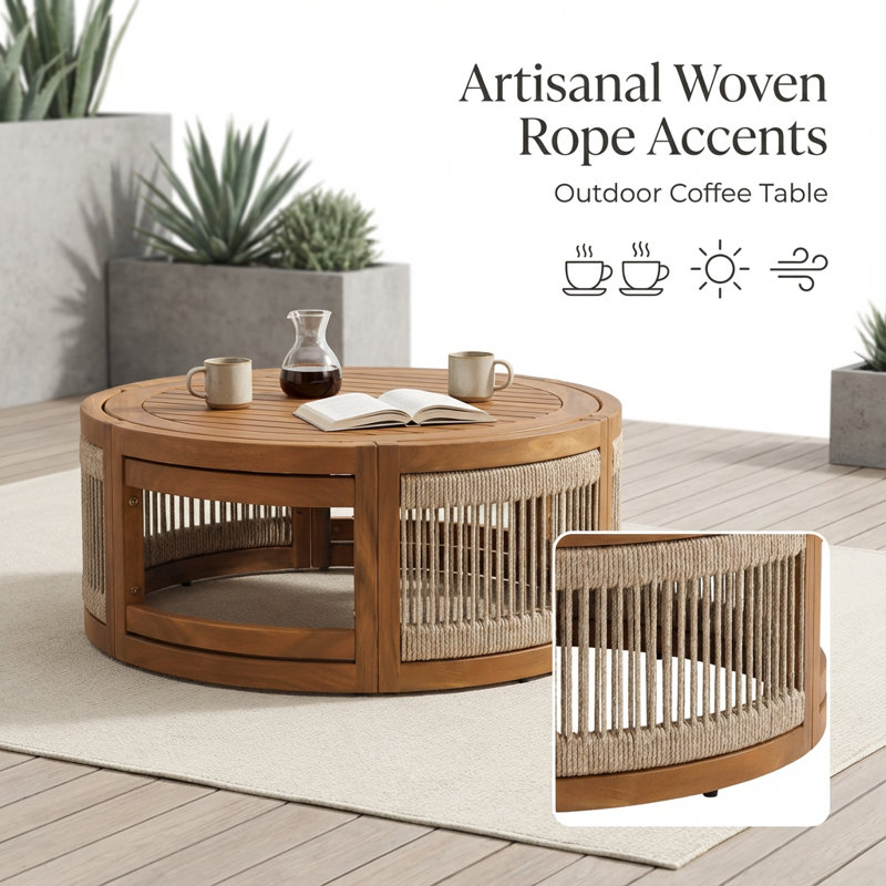 Table basse d'extérieur en corde tissée à la main fabriquée en bois d'acacia de qualité supérieure et durable