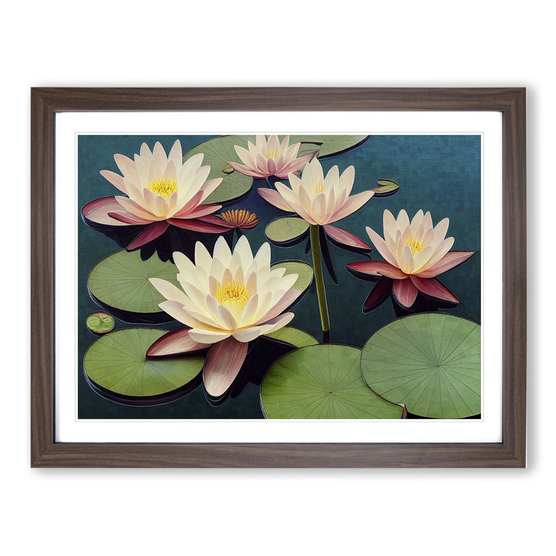 Beautiful Water Lily Flowers - Single Picture Frame Print, 46cm H x 64cm W x 2cm D, Walnut Frame