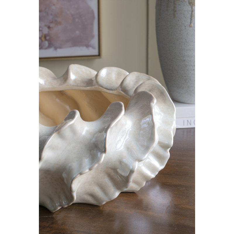 15.5X15.5X6" Decorative Ceramic Bowl Vase With Wavy Texture And Reactive Glaze Finish