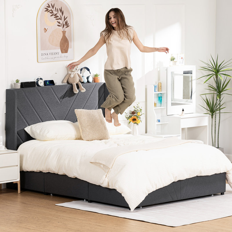 Bed Frame with 3 Storage Drawers,Upholstered King Bed Frame and Wingback Headboard, Type-C & USB,Noise-Free/No Box Spring Needed,Easy Assembly
