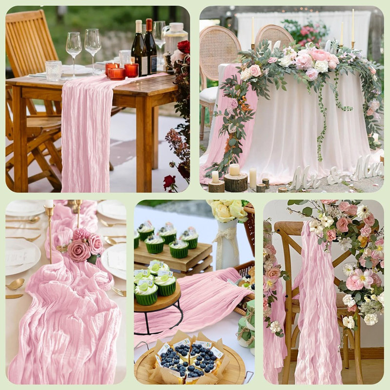 Table Runner - Blushing Pink  Boho Gauze Cheesecloth, Rustic Valentine’s & Party Table Décor