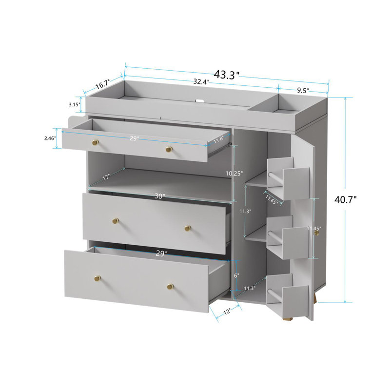 Albiery Changing Table Dresser, Asymmetrical 3 Drawer / 1 Door Dresser