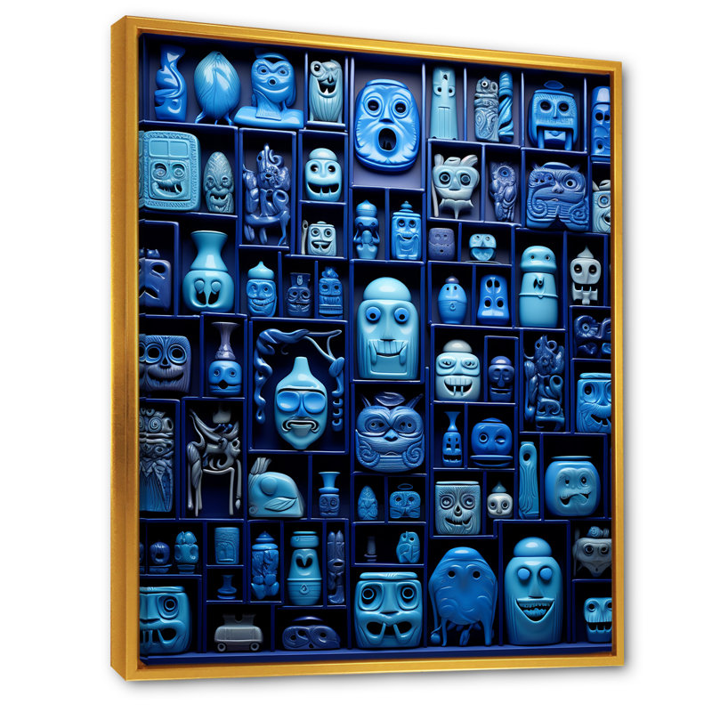 «Blue Mask Moroccan Tiles», art mural abstrait, Cadre flottant doré, H 32 po x l 16 po x P 1 po