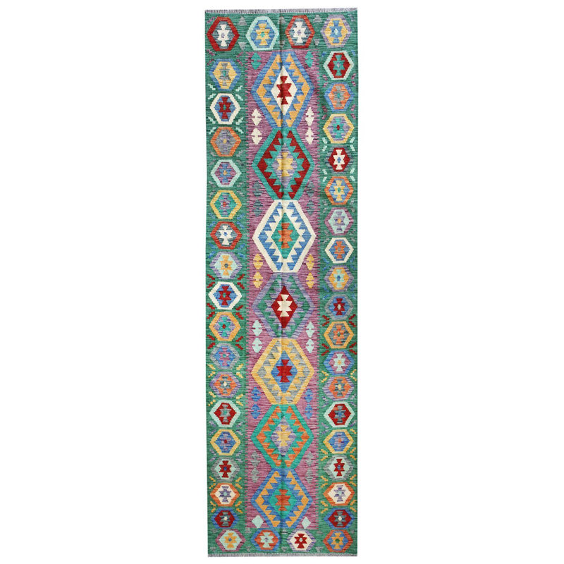 Tapis de couloir vert en laine noué à la main de conception unique 2 pi 9 po x 9 pi 5 po Ouzbék