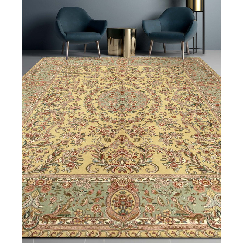 Tapis doré et vert clair de haute qualité noué à la main