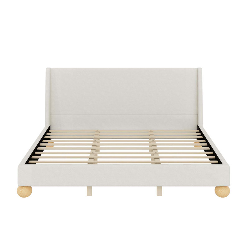 Velvet Bed with Round Wooden Legs, White, King