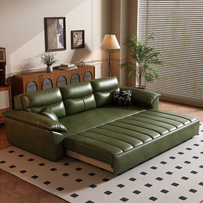 90.56"Green Retro Oil Wax Cat Paw Leather Sofa Bed