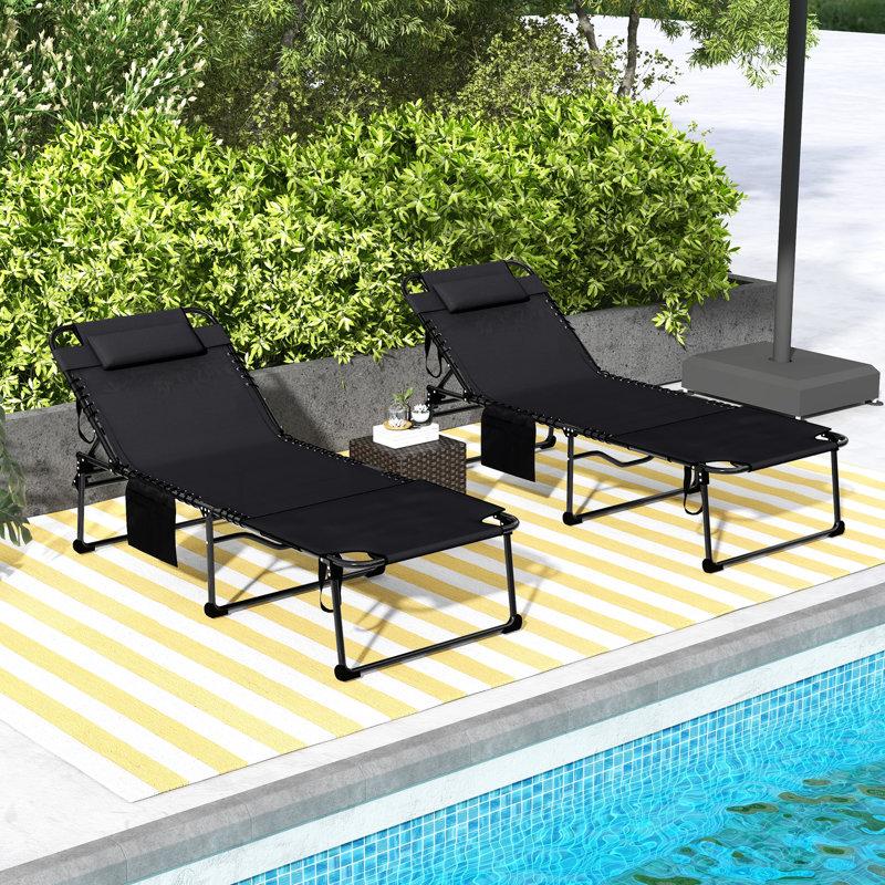Chaise longue pliante, 2 pièces, 5 dossiers, trou pour le visage de lecture, poche latérale, fauteuil de bronzage extérieur, noir pour la cour, plage de rangement inclinable à 5 niveaux pour patio, utilisation